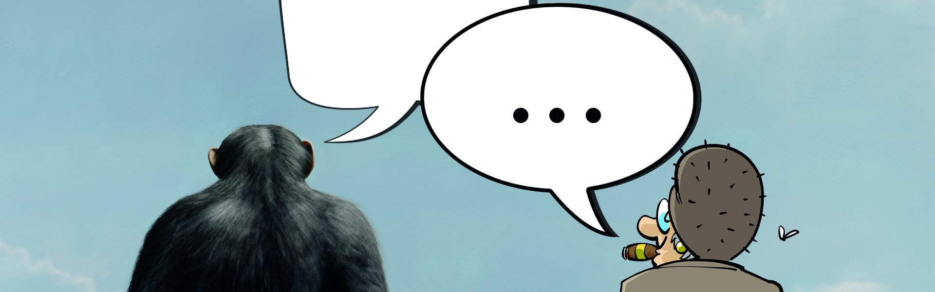 Das Bild ist eine Farbzeichnung. Auf dem Bild kann man einen Affen und eine alte Frau sehen. Auch kann man zwei Sprechblasen sehen. Der Affe spricht mit der alten Frau.
