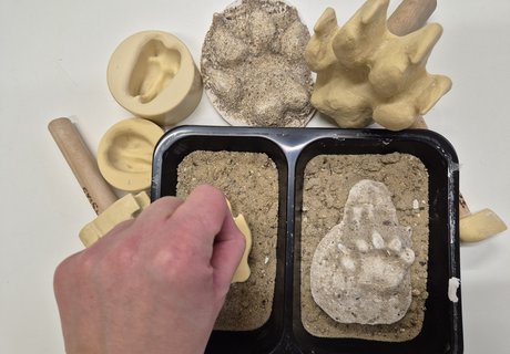 Das Foto zeigt eine schwarze Schale mit zwei Kammern. In beiden Kammern befindet sich Sand. In der Schale und darum befinden sich Stempel zum Spuren in den Sand abdrücken, Trittsiegel als Negativform und bereits fertig hergestellte Gipsabdrücke. Eine Hand drück einen Stempel in den Sand einer Schalenhälfte.