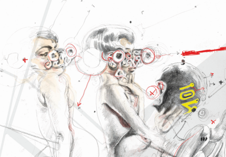 Zwei Personen tragen außergewöhnliche Brillen, die futuristisch anmuten.