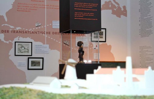 I forgrunden ses plantagemodellen, bagved en figur, der skal forestille en slavegjort person. Helt i baggrunden ses trekanthandelen, som er tegnet på væggen.