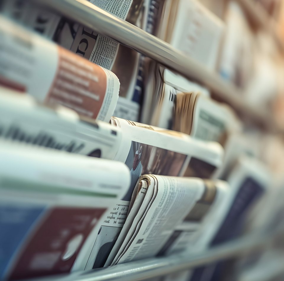 Nahaufnahmen von einem Zeitungsständer. Zu sehen sind viele verschiedenen Zeitungen, die gefächert in einem breiten Regal einsortiert sind. Der Hintergrund verschwimmt.