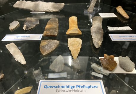 Das Foto zeigt steinzeitliche Funde im Eiszeit-Haus. Es sind verschiedene Pfeil- und Speerspitzen zu sehen.