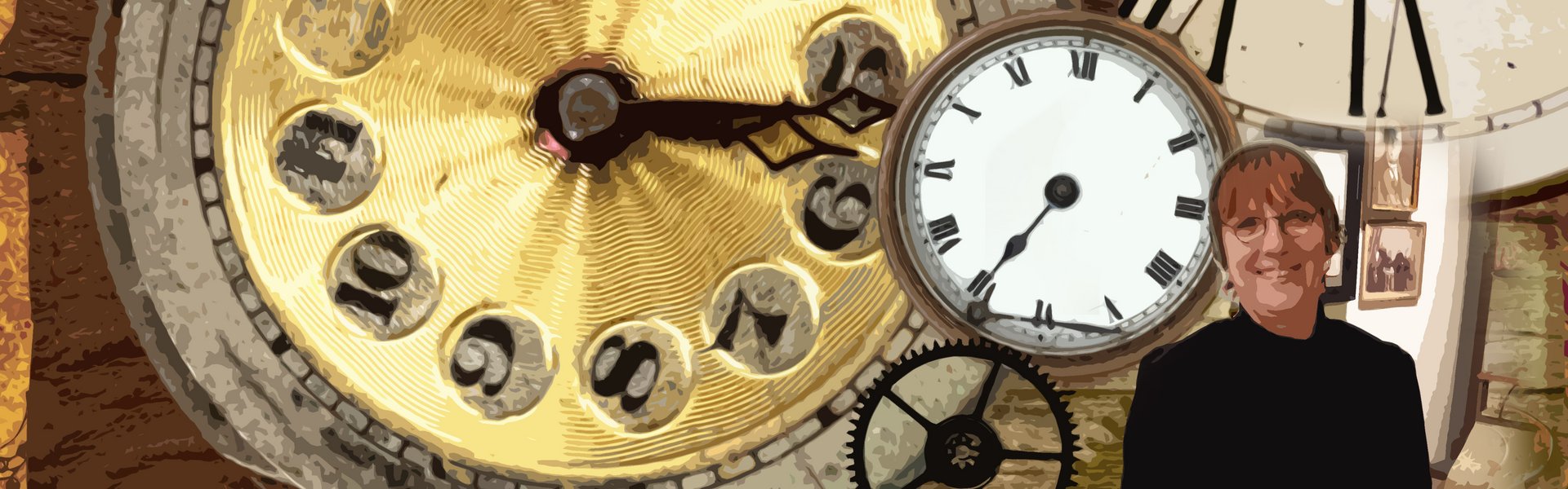 Det kunstnerisk bearbejdede farvefoto viser en kvinde i kostume. Bag hende ses overdimensionerede ure og tandhjul.