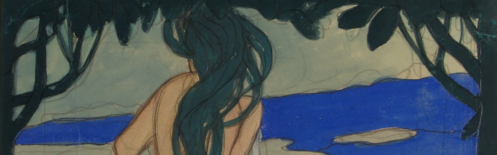 Afbildning af akvarellen „Akt im Wasser“ (Akt i vandet) af Hans Christiansen. Akvarellen viser en nøgen kvinde med langt hår. Hun står i vandet og ses bagfra. Scenen med kvinden er omgivet af en mørk ramme af træer og blade.