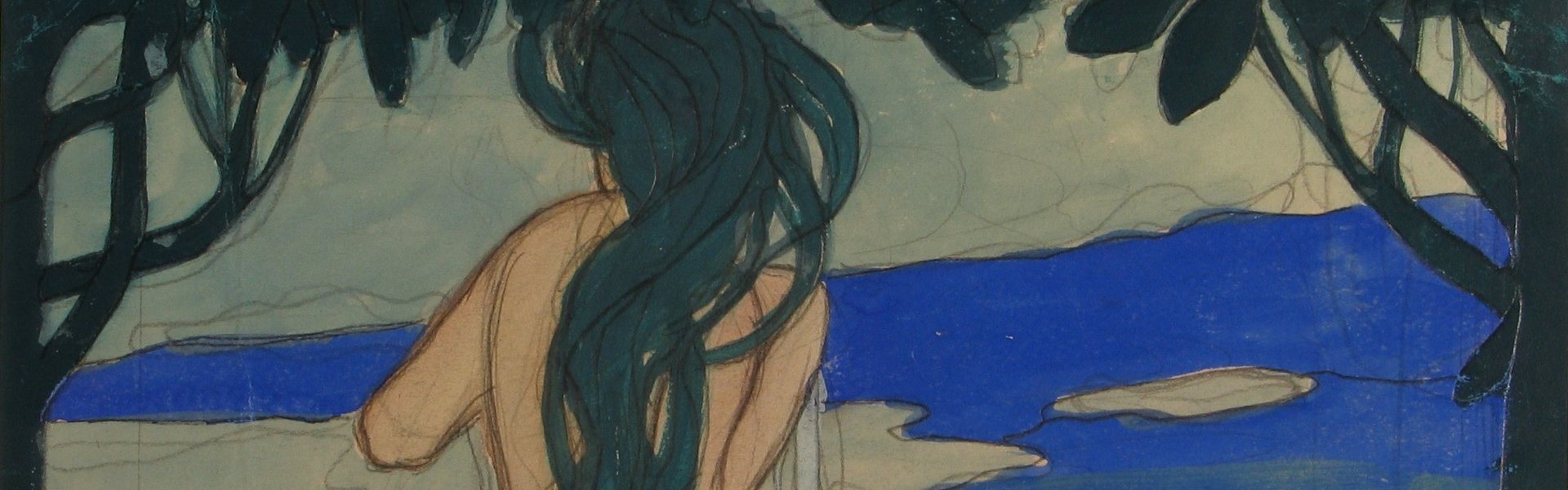 Abbildung des Aquarells „Akt im Wasser“ von Hans Christiansen. Das Aquarell zeigt eine nackte Frau mit langen Haaren. Sie steht im Wasser und ist von hinten zu sehen.