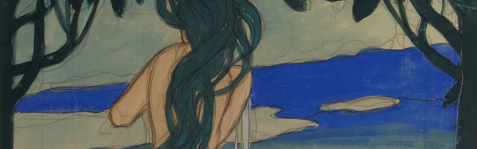 Afbildning af akvarellen „Akt im Wasser“ (Akt i vandet) af Hans Christiansen. Akvarellen viser en nøgen kvinde med langt hår. Hun står i vandet og ses bagfra. Scenen med kvinden er omgivet af en mørk ramme af træer og blade.