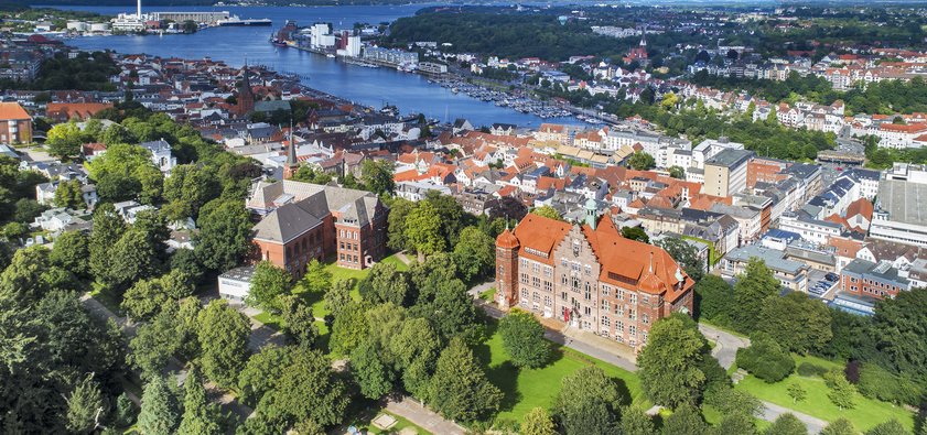 foto i fugleperspektiv af Museumsberg, Flensborg Fjord og Flensborg