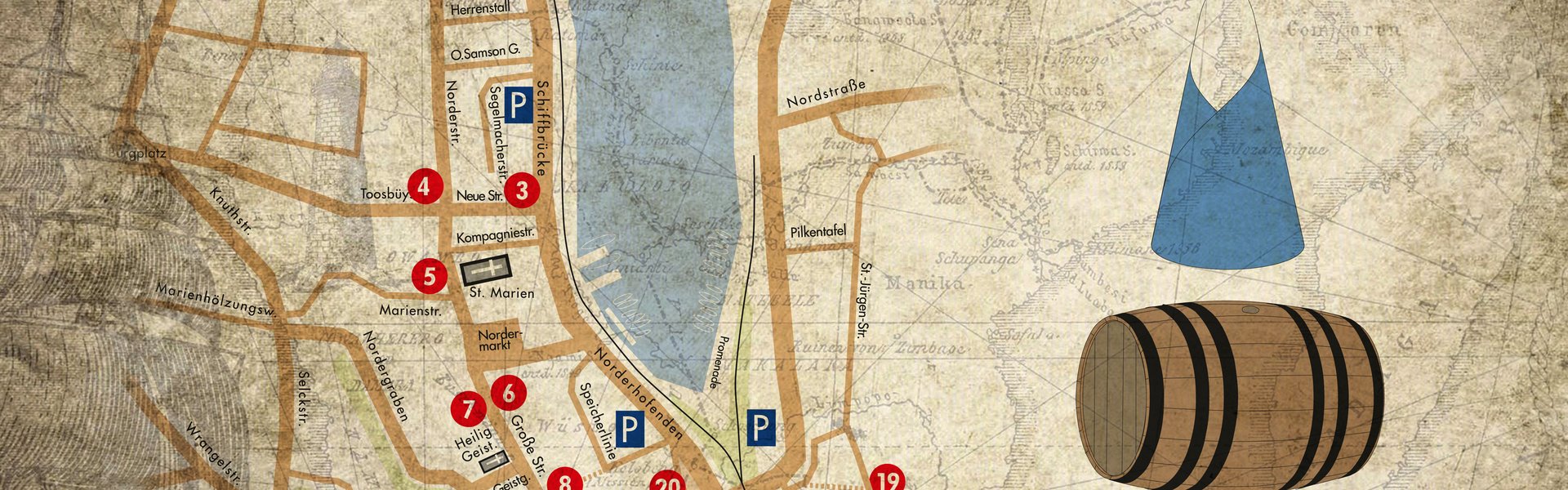 På et kort, hvorpå der er svagt synlige maritime tegninger, er ROM & SUKKER RUTEN afbildet i farver. Ved siden af er byvandringens logo placeret. Det består af en sukkertop og et romfad.