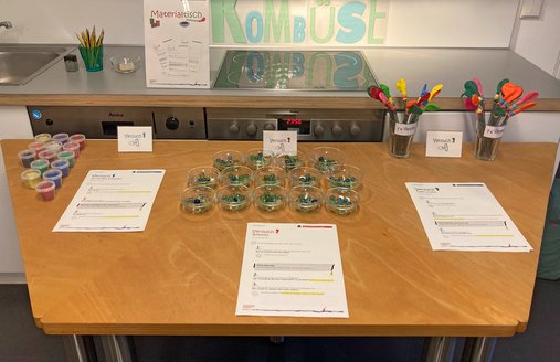 Eine bunte Fotografie. Darauf ist ein Tisch zu sehen, auf dem verschiedene Arbeitsmaterialien für den Workshop bereit liegen. 