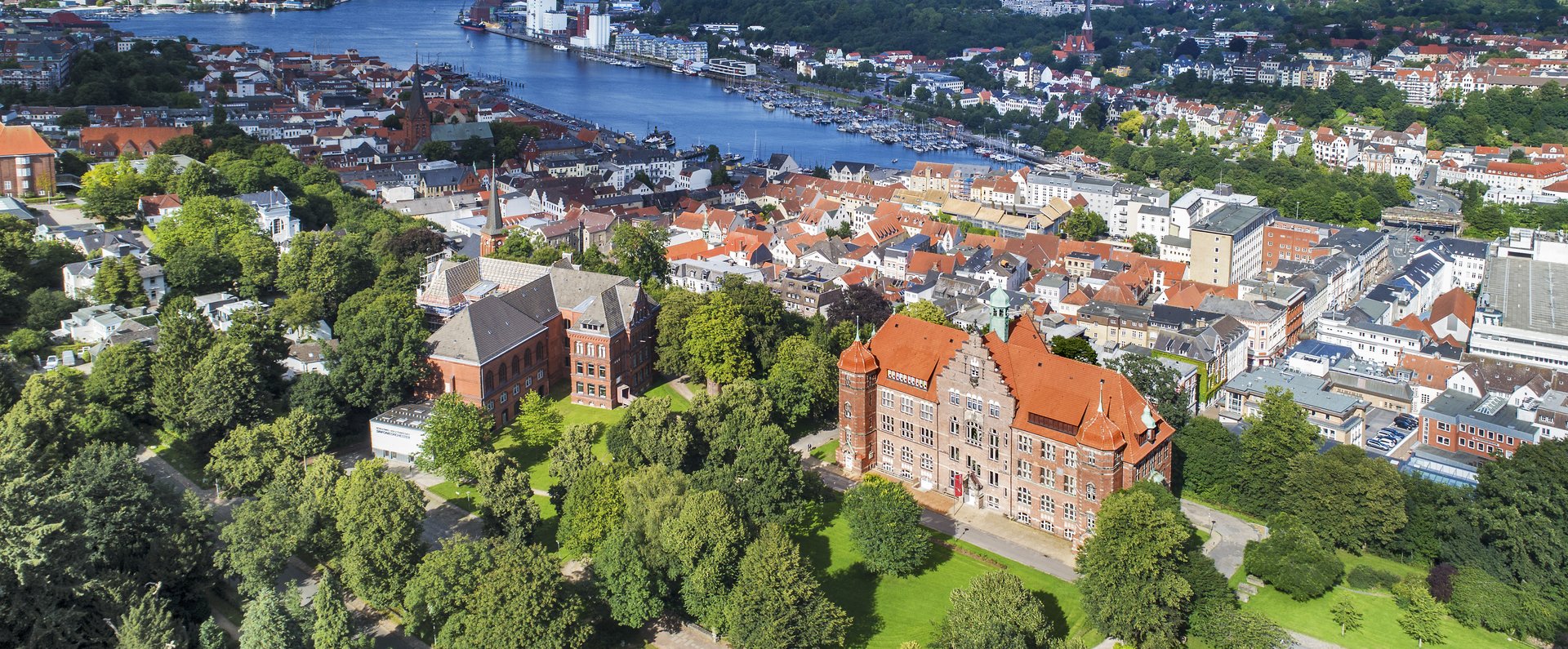 Das Heinrich-Sauermann-Haus und das Hans-Christiansen-Haus sind die beiden großen Häuser vorne. Zusammen sind sie der Museumsberg Flensburg. Das Foto wurde von weit oben gemacht, deshalb sind noch andere Häuser und die Flensburger Förde zu sehen. 