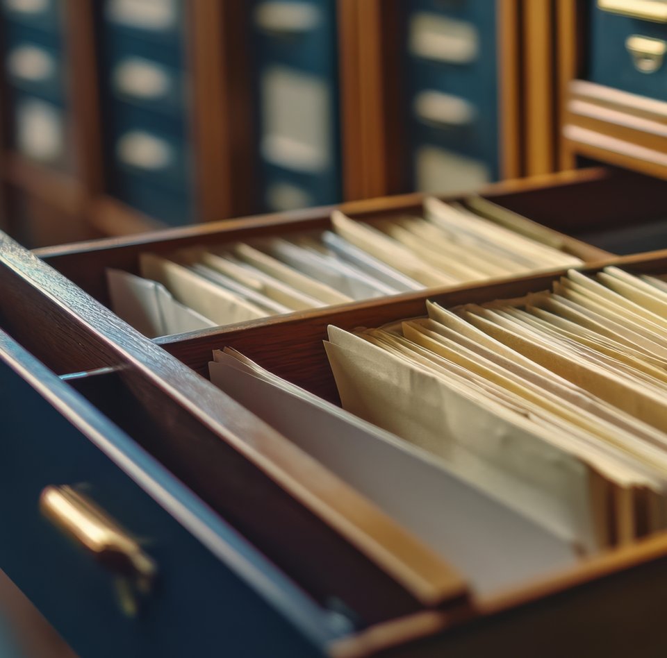 Farbige Detailaufnahme eines Karteikartenschranks. Eine Schublade ist aufgezogen, sodass man einen Blick auf die sich darin befindlichen Karteikarten werfen kann.