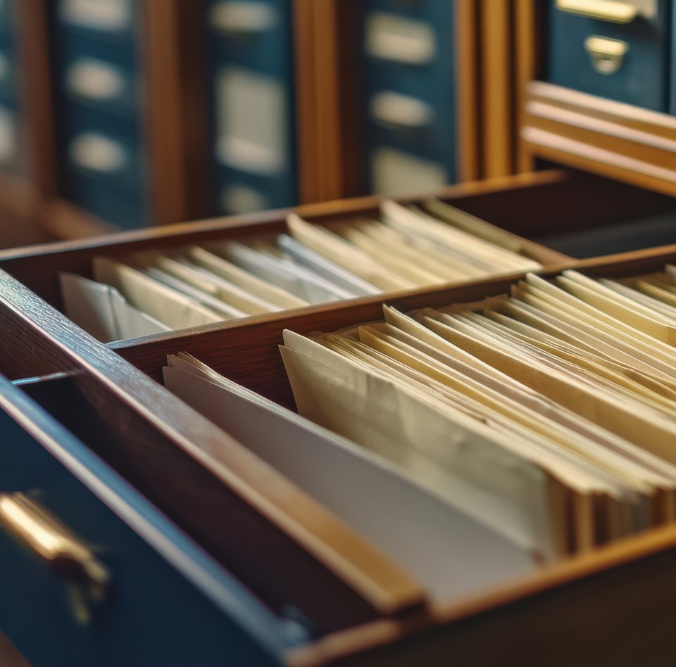 Farbige Detailaufnahme eines Karteikartenschranks. Eine Schublade ist aufgezogen, sodass man einen Blick auf die sich darin befindlichen Karteikarten werfen kann.