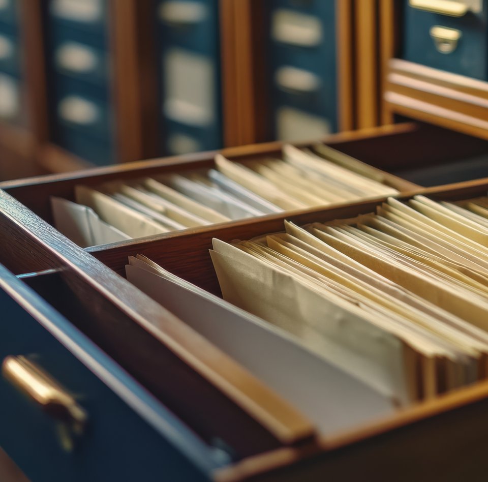 Billede af et arkivskab med en masse kort.