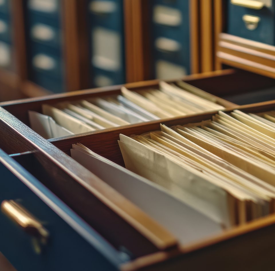 Billede af et arkivskab med en masse kort.