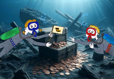 Die Abbildung zeigt einen Meeresgrund. Dieser ist dunkel und mystisch. Im Vordergrund sind Schatztruhen und Geld zu sehen. Zwei gezeichnete Taucher schwimmen auf den Schatzkisten zu. 