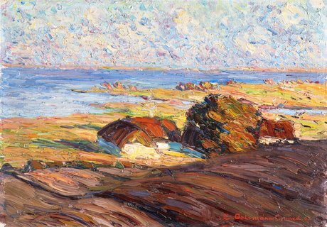 Das Gemälde „Sonderburg“ von Emmy Gotzmann zeigt eine Landschaft. Das Gemälde ist abstrakt gemalt. Im Hintergrund sind Himmel und Meer zu erkennen. Im Vordergrund ist eine Landschaft mit Gebäuden zu sehen.