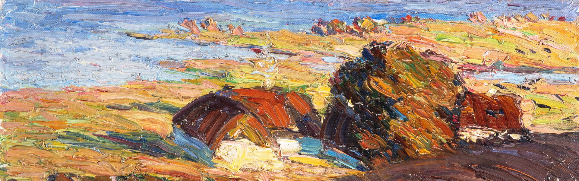 Das Gemälde „Sonderburg“ von Emmy Gotzmann zeigt eine Landschaft. Das Gemälde ist abstrakt gemalt. Im Hintergrund sind Himmel und Meer zu erkennen. Im Vordergrund ist eine Landschaft mit Gebäuden zu sehen.