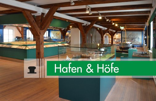 Billedet viser et kig ind i udstillingen HAVN & GÅRDE. I forgrunden ses et diorama, der illustrerer et skibsværft. Længere tilbage – meget centralt i rummet – står en stor bymodel. På billedet ses en grafisk bjælke med piktogrammet og navnet på udstillingen.