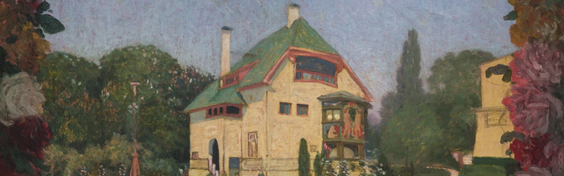 Abbildung des Gemäldes „Haus in Rosen“ von Hans Christiansen. Das Gemälde zeigt ein Haus mit Garten.  Das Haus hat helle Wände und ein grünes Dach. Neben und hinter dem Haus stehen Bäume. In dem Bild wurde ein Rahmen um das Haus gemalt. 